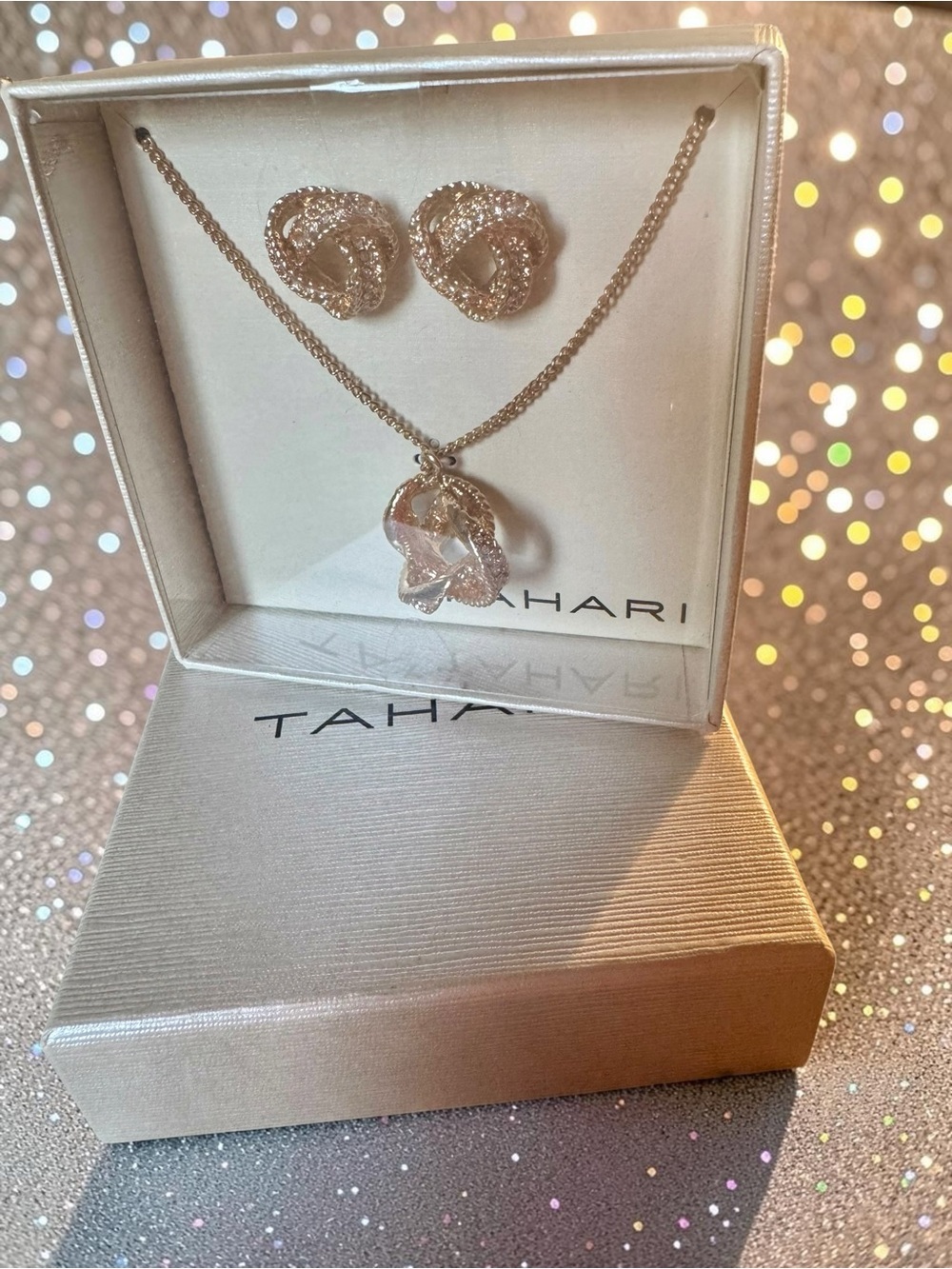 Tahari Rose Gold Knot Pendant Necklace with Matching Earrings